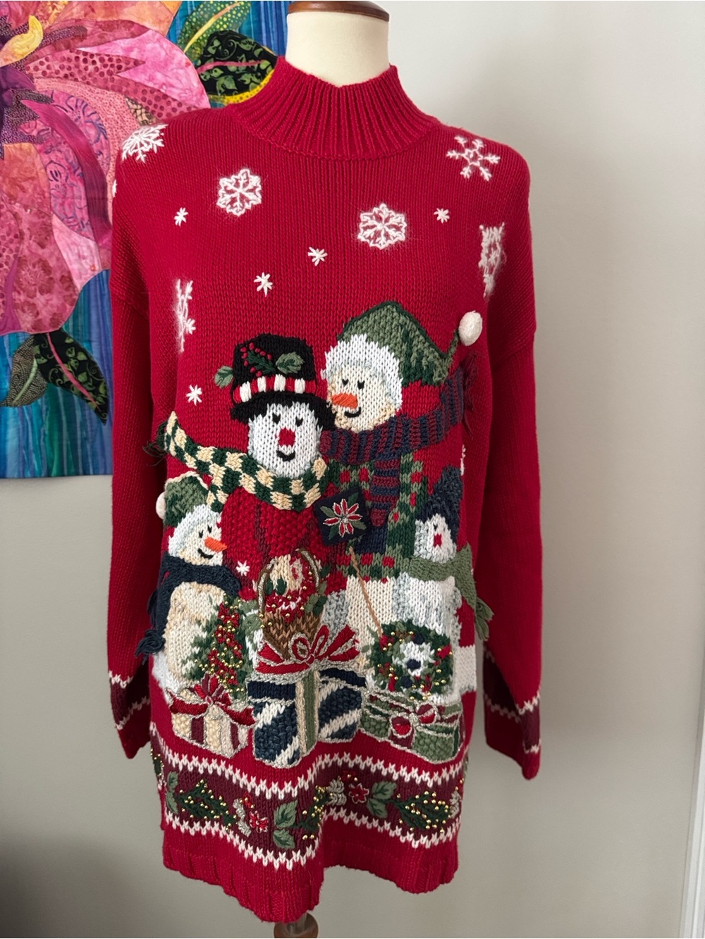 Tiara Red Holiday Snowman and presents Turtleneck Sweater
